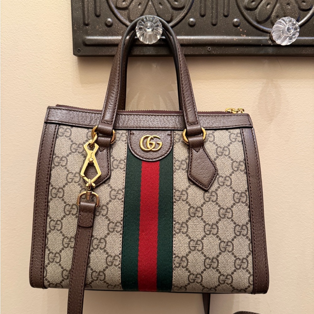 Gucci Brown GG Supreme Canvas Satchel with Green and Red Web Stripe